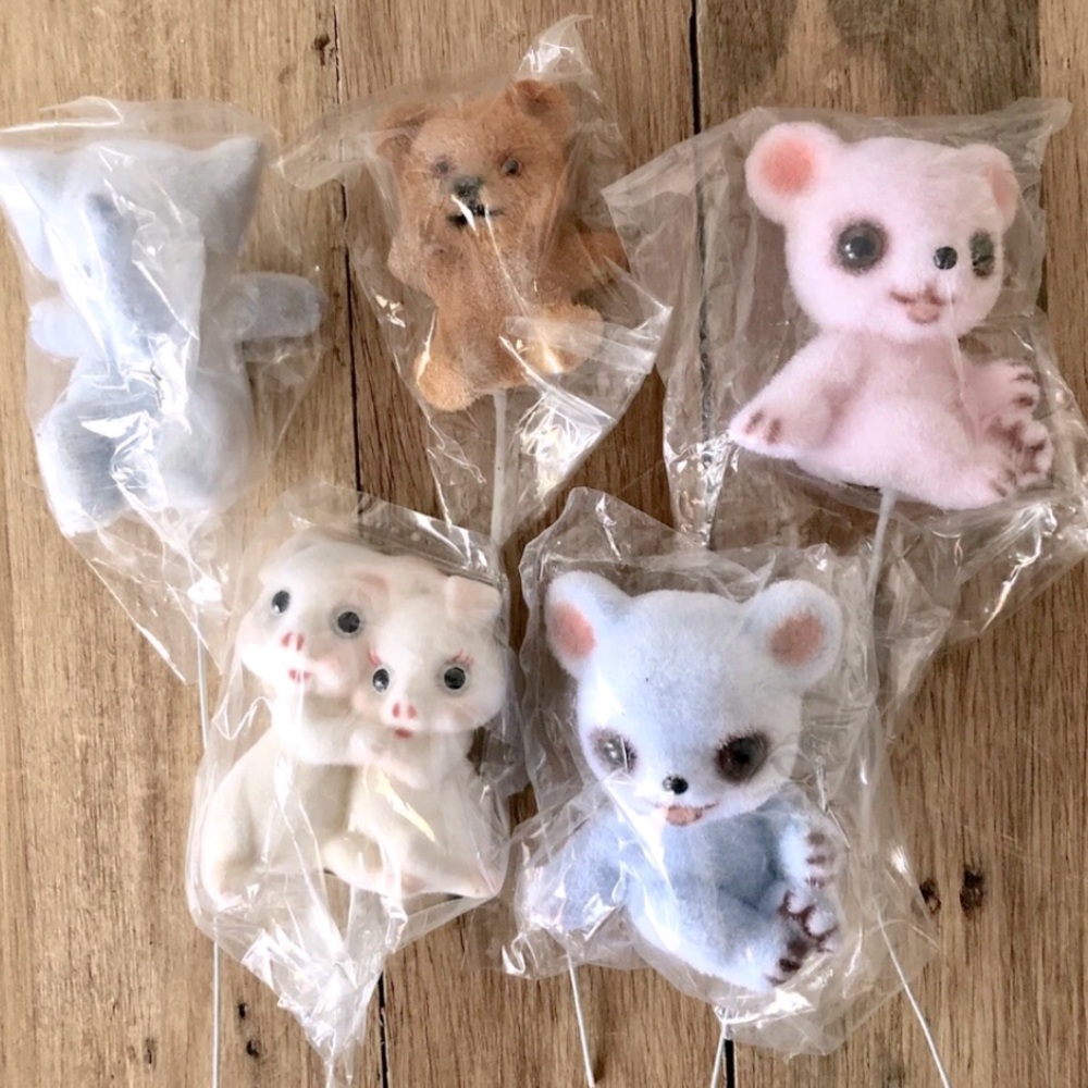 Vintage Flower Picks Lot of 5 Flocked Animals Bears Elephant Pigs NEW OLD STOCK